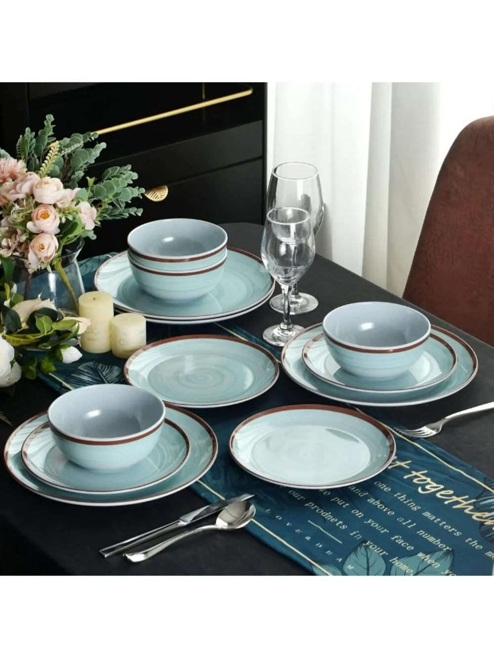 Stylish Mint Blue Melamine Dinnerware Set for 4 - 12 Pcs, Dishwasher Safe & BPA